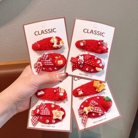 Red Plush Bow Hair Clips For Girls Cute Cartoon Pony Fruit Heart Animal Hairpins Sweet New Year Festival Hair Accessories
