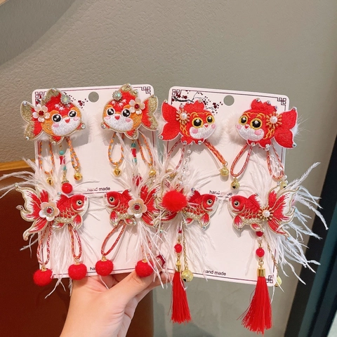 Fermagli Per Capelli Ricamati Con Pesce Rosso In Stile Cinese Tradizionale Per Bambine Con Piume Nappe E Campanelli Accessori Per Capelli