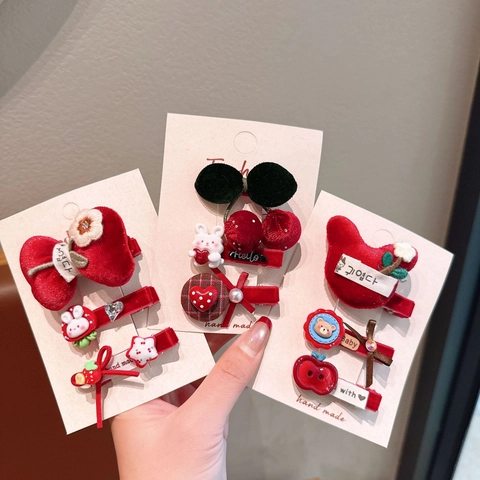 Red Plush Bow Hair Clips For Girls Cute Cartoon Pony Fruit Heart Animal Hairpins Sweet New Year Festival Hair Accessories