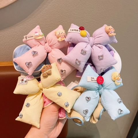 Cute Cartoon Animal Bowknot Hair Tie For Kids Girls Sweet Macaron Color Soft Cloth Scrunchies With Rhinestone Decor