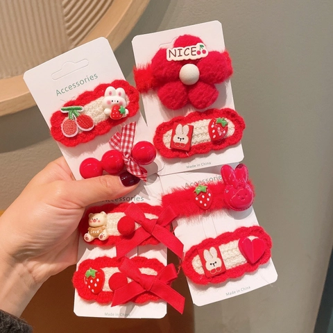 Kinder Chinesischer Stil Rote Haarklammern Handgefertigt Gestrickte Schleife Kaninchen Blume Süße Mädchen Neujahr BB Haarnadeln