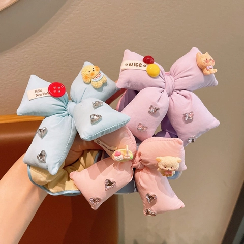 Cute Cartoon Animal Bowknot Hair Tie For Kids Girls Sweet Macaron Color Soft Cloth Scrunchies With Rhinestone Decor
