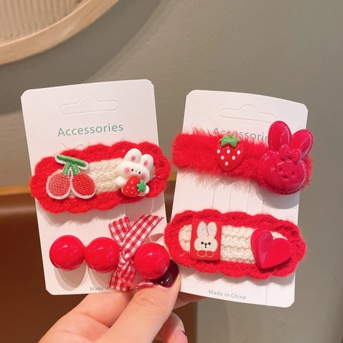 Kinder Chinesischer Stil Rote Haarklammern Handgefertigt Gestrickte Schleife Kaninchen Blume Süße Mädchen Neujahr BB Haarnadeln