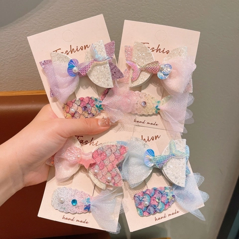 Mermaid Tail Sequin Mesh Bow Hair Clips For Girls Sweet Princess Shell Hairpins Kids Fashion Hair Accessories