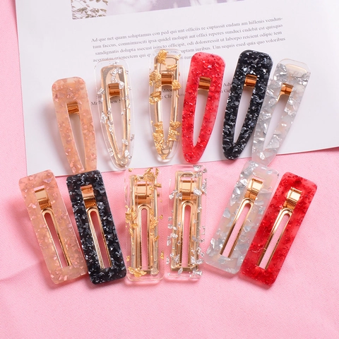 Fermaglio per Capelli Vintage in Resina Acrilica Coreana Foglia Oro Argento Glitter Clip Rettangolare Goccia Geometrica