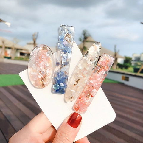 Sweet Dreamy Resin Hair Clip With Shell Flakes Inlay Geometric Oval Square Duckbill Side Clip Hair Accessories For Women