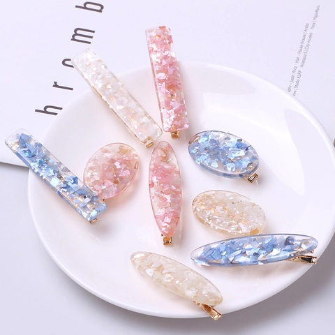 Sweet Dreamy Resin Hair Clip With Shell Flakes Inlay Geometric Oval Square Duckbill Side Clip Hair Accessories For Women