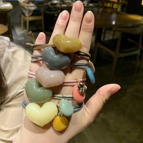 Korean Style Morandi Color Elastic Hair Ties For Women Acrylic Heart Shaped Pendant Hair Bands With Gold Alloy Charm Daily Hair Accessories