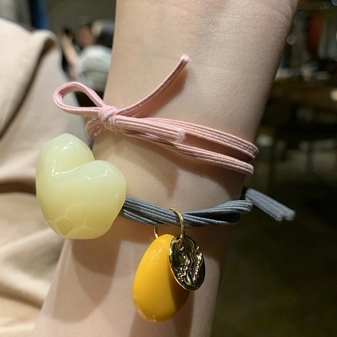 Korean Style Morandi Color Elastic Hair Ties For Women Acrylic Heart Shaped Pendant Hair Bands With Gold Alloy Charm Daily Hair Accessories