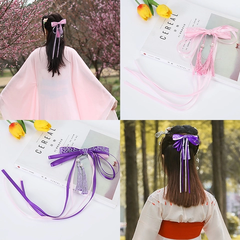 Barrette à Nœud et Gland de Style Chinois Traditionnel Fait à la Main Avec Long Ruban Perle Artificielle Accessoire Cheveux Hanfu Femme