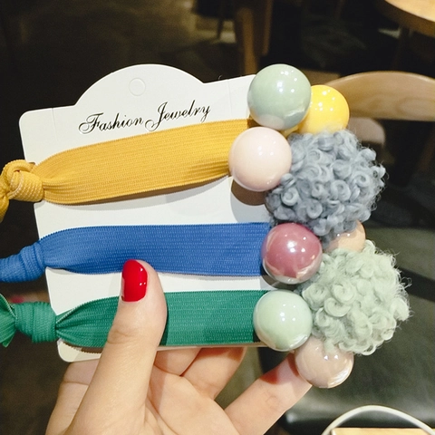 Cuerda Elástica Para El Cabello Color Morandi Con Pompon Y Cuentas Estilo Coreano Scrunchies De Tela Dulce Para Mujer Accesorios Cabello