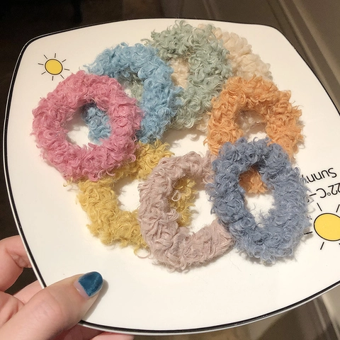 Solid Color Lamb Wool Fabric Scrunchies Soft Plush Hair Ties Fuzzy Elastic Hair Bands For Women Girls Autumn Winter Accessories