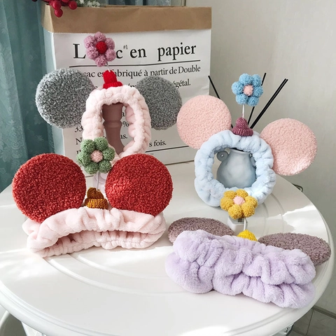 Cute Plush 3D Flower Headband For Women Soft Bear Ears Elastic Hair Band For Face Washing Makeup Skincare Soft Plush Spa Headwear Korean Style Hair Accessories