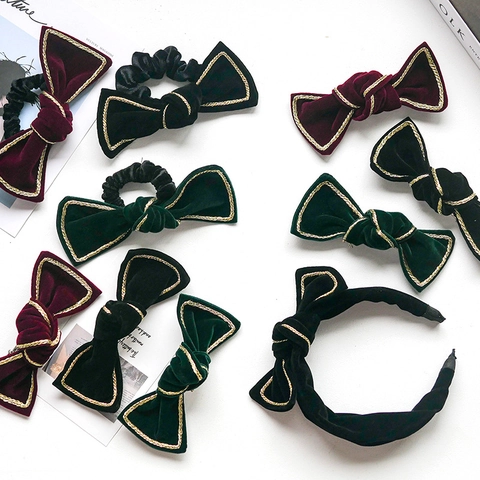Vintage Velvet Bow Hair Clip For Women Elegant Gold Trim Bowknot Hair Tie Scrunchies Retro Velvet Headband Hair Accessories