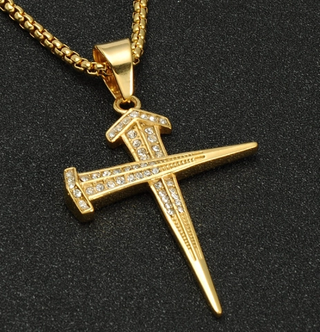 Ciondolo a Croce a Chiodo in Acciaio Inossidabile Hip Hop per Uomo Placcato Oro Strass Intarsiato Gioielli di Tendenza Senza Catena