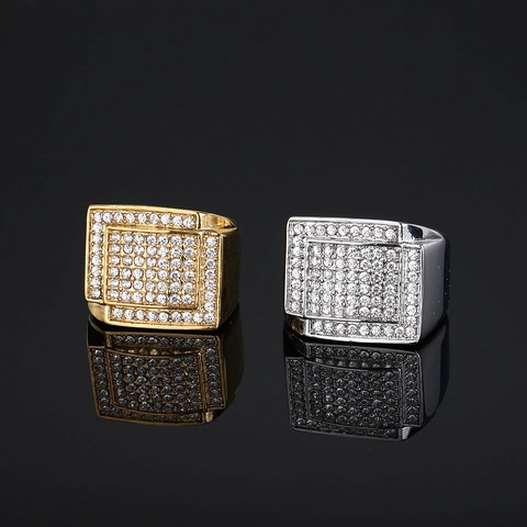 Hip Hop Bling Full Strass Edelstahl Quadrat Siegelring Für Herren Damen Gold Silber Punk Rock Schmuck Streetwear