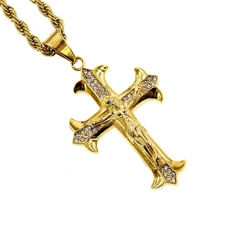 Crucifix Jesus Pendant Only Without Chain 316 Stainless Steel Gold Plated Religious Cross With Rhinestones Men Women Jewelry