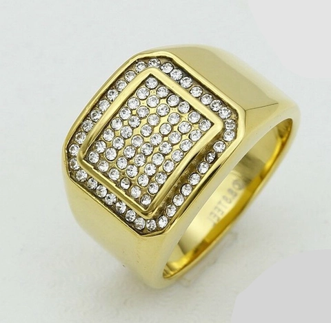 Anello a Sigillo in Acciaio Inossidabile Hip Hop Punk da Uomo Placcato Oro Argento Quadrato con Strass Incrostati