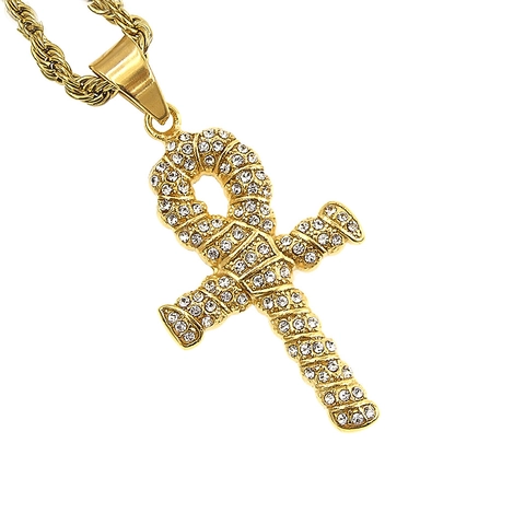 Ciondolo a Croce Ankh in Acciaio Inossidabile 316 Vintage Chiave della Vita Egiziana Con Strass Hip Hop Gioielli Religiosi