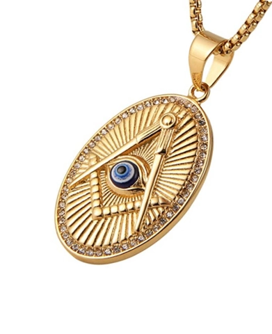 Stainless Steel Masonic Pendant Gold Plated All-Seeing Eye Rhinestone Hip Hop Religious Oval Pendant Only Without Chain