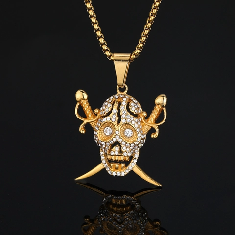 Pendentif Tête de Mort Pirate en Acier Inoxydable 316 Seul Sans Chaîne Plaqué Or Hip Hop Punk Bijoux Incrustés de Strass
