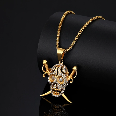 Pendentif Tête de Mort Pirate en Acier Inoxydable 316 Seul Sans Chaîne Plaqué Or Hip Hop Punk Bijoux Incrustés de Strass