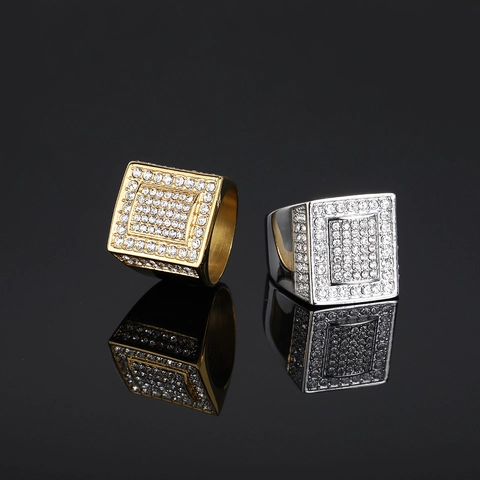 Hip Hop Punk Square Full Zirconia Stainless Steel Gold Plated Ring For Men Women Sparkling Rhinestone Fashion Jewelry