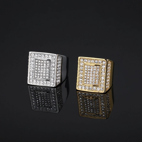 Hip Hop Punk Square Full Zirconia Stainless Steel Gold Plated Ring For Men Women Sparkling Rhinestone Fashion Jewelry