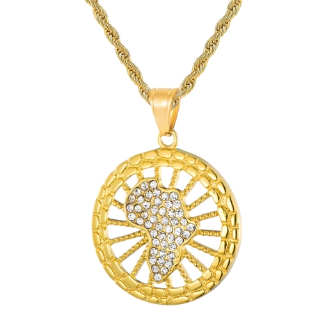 Hip Hop Africa Map Pendant Only Without Chain Gold Plated Stainless Steel Hollow Round Iced Out Cubic Zirconia Jewelry