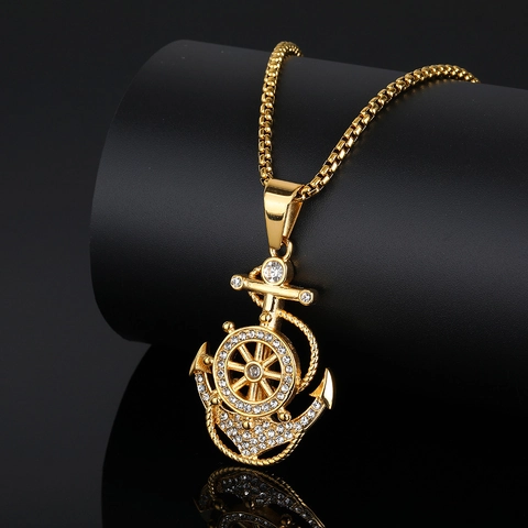 Ciondolo Ancora Timone Hip Hop Iced Out Solo Senza Catena Acciaio Inossidabile 316 Placcato Oro Gioielli Nautici Uomo