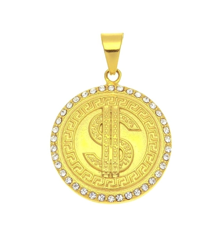 Pendaglio Segno Dollaro Hip Hop Solo Senza Catena Acciaio Inossidabile 316 Placcato Oro Greca Meandro Strass Gioielli