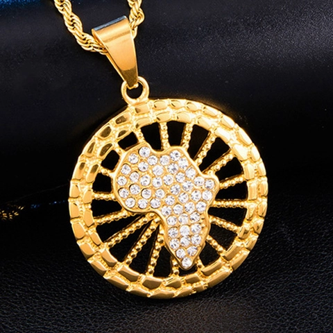 Hip Hop Africa Map Pendant Only Without Chain Gold Plated Stainless Steel Hollow Round Iced Out Cubic Zirconia Jewelry