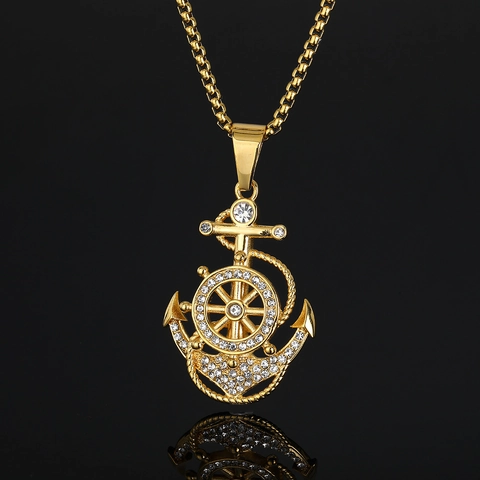Ciondolo Ancora Timone Hip Hop Iced Out Solo Senza Catena Acciaio Inossidabile 316 Placcato Oro Gioielli Nautici Uomo
