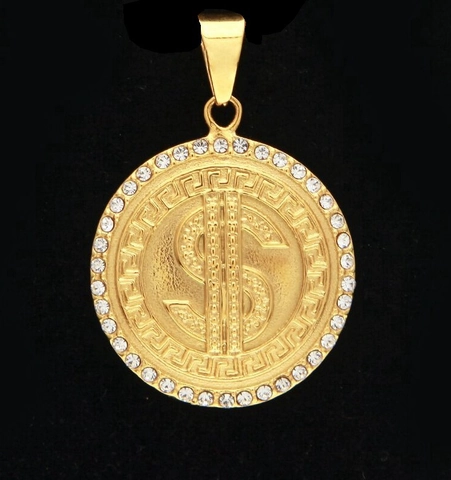 Pendaglio Segno Dollaro Hip Hop Solo Senza Catena Acciaio Inossidabile 316 Placcato Oro Greca Meandro Strass Gioielli