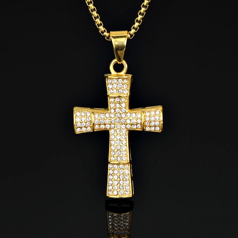 Hip Hop Punk Cross Pendant For Men Women 316 Stainless Steel Gold Plated Cubic Zirconia Square Block Religious Jewelry Pendant Only Without Chain