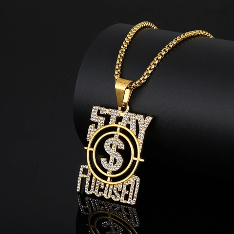 Hip Hop Iced Out Dollar Sign Pendant Necklace Stainless Steel Zirconia Stay Focused Streetwear Fashion Jewelry For Men Gold