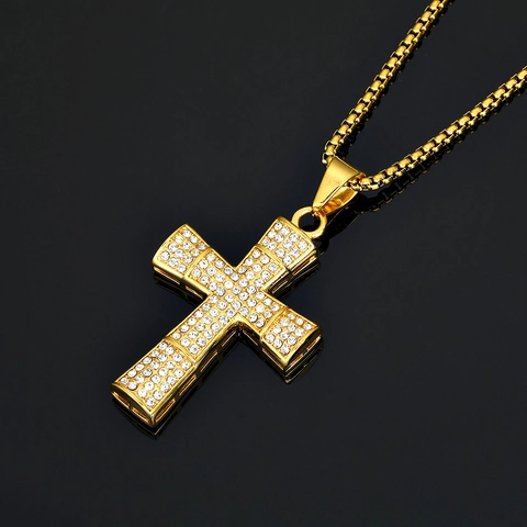 Hip Hop Punk Cross Pendant For Men Women 316 Stainless Steel Gold Plated Cubic Zirconia Square Block Religious Jewelry Pendant Only Without Chain