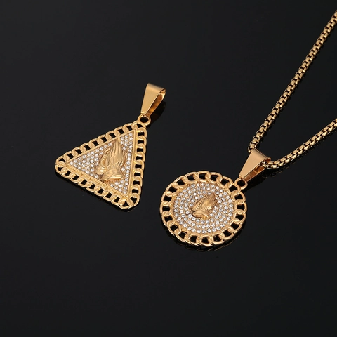Ciondolo Mani in Preghiera Vintage in Acciaio Inossidabile Solo Senza Catena Uomo Donna Placcato Oro Strass Gioielli Religiosi Hip Hop