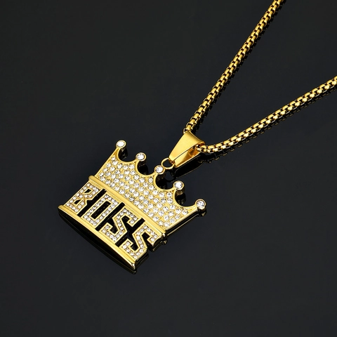 Hip Hop Punk 316 Stainless Steel Gold Crown BOSS Pendant Necklace For Men Women Streetwear Rhinestone Inlaid Jewelry