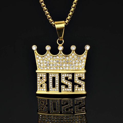 Hip Hop Punk 316 Stainless Steel Gold Crown BOSS Pendant Necklace For Men Women Streetwear Rhinestone Inlaid Jewelry