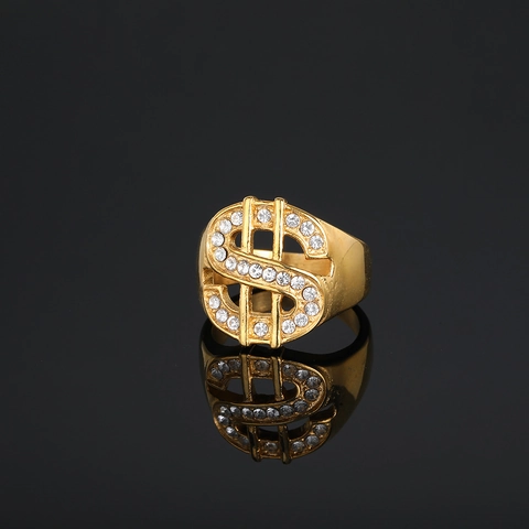 Stainless Steel Dollar Sign Hip Hop Ring For Men Gold Plated Hollow Rhinestone Inlaid Street Fashion Jewelry Finger Ring