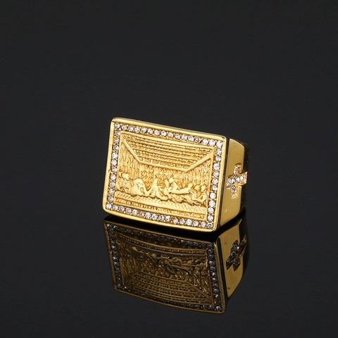 Anello in Acciaio Inossidabile Placcato Oro Vintage Rilievo L'Ultima Cena Per Uomo Donna Croce Religiosa Strass Gioielli