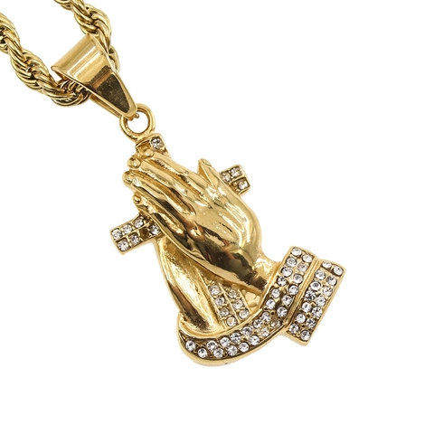 Edelstahl Betende Hände Kreuz Anhänger Gold Strass Vintage Hip Hop Religiöser Schmuck Anhänger Ohne Kette