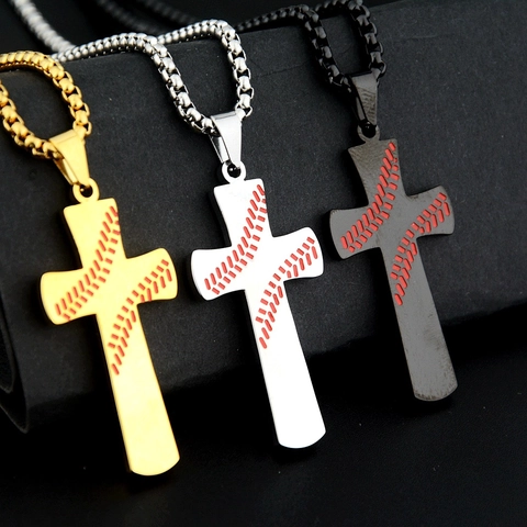 Collier Pendentif Croix avec Couture de Baseball en Acier Inoxydable Style Sportif Bijoux Religieux pour Hommes Femmes