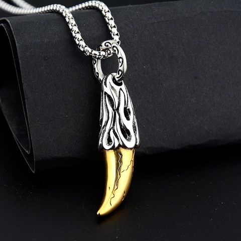 Collar de Diente de Lobo de Acero Inoxidable Vintage para Hombre Mujer Patrón de Llama Punk Joyería Gótica Retro Biker