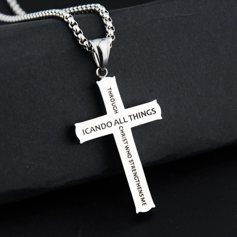 Edelstahl Kreuz Anhänger Halskette Mit Gravur Bibelvers Philipper Religiöser Schmuck Geschenk Für Herren Damen Gold Silber
