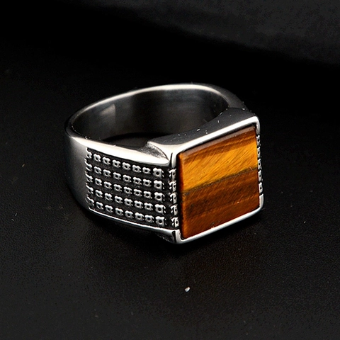 Men Vintage Hip Hop Stainless Steel Ring With Rectangular Tiger Eye Stone Polka Dot Punk Signet Square Jewelry Gift