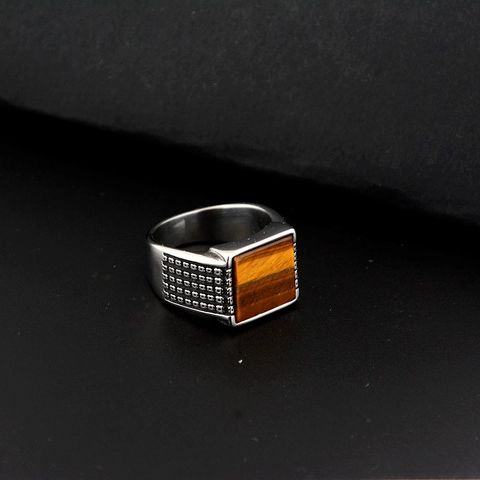 Men Vintage Hip Hop Stainless Steel Ring With Rectangular Tiger Eye Stone Polka Dot Punk Signet Square Jewelry Gift