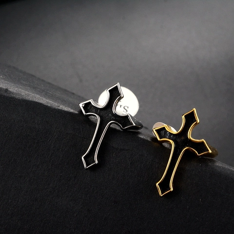 Hip Hop Stainless Steel Cross Ring For Men Punk Gothic Vintage Black Enamel Religious Band Ring For Party Daily Wear Jewelry Gift
