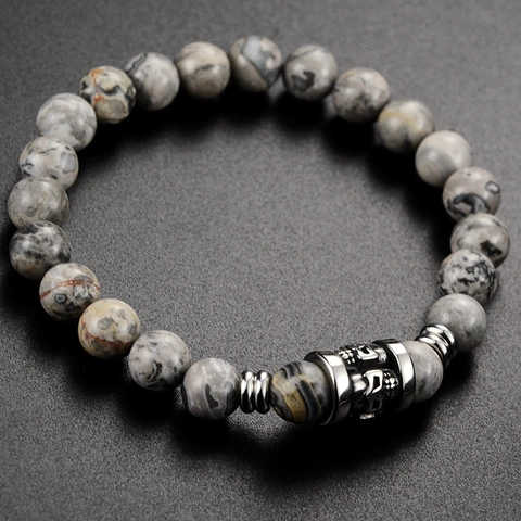 Bracciale di Perline in Pietra Naturale Vintage Acciaio al Titanio Etnico Teschio Totem Ciondolo Gioielli Elastici Fatti a Mano Uomo Donna